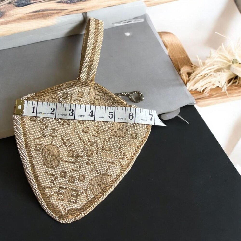 Vintage Czech Beaded Wristlet Purse 9" x 7" Beige & Gold Made In Czechoslovakia